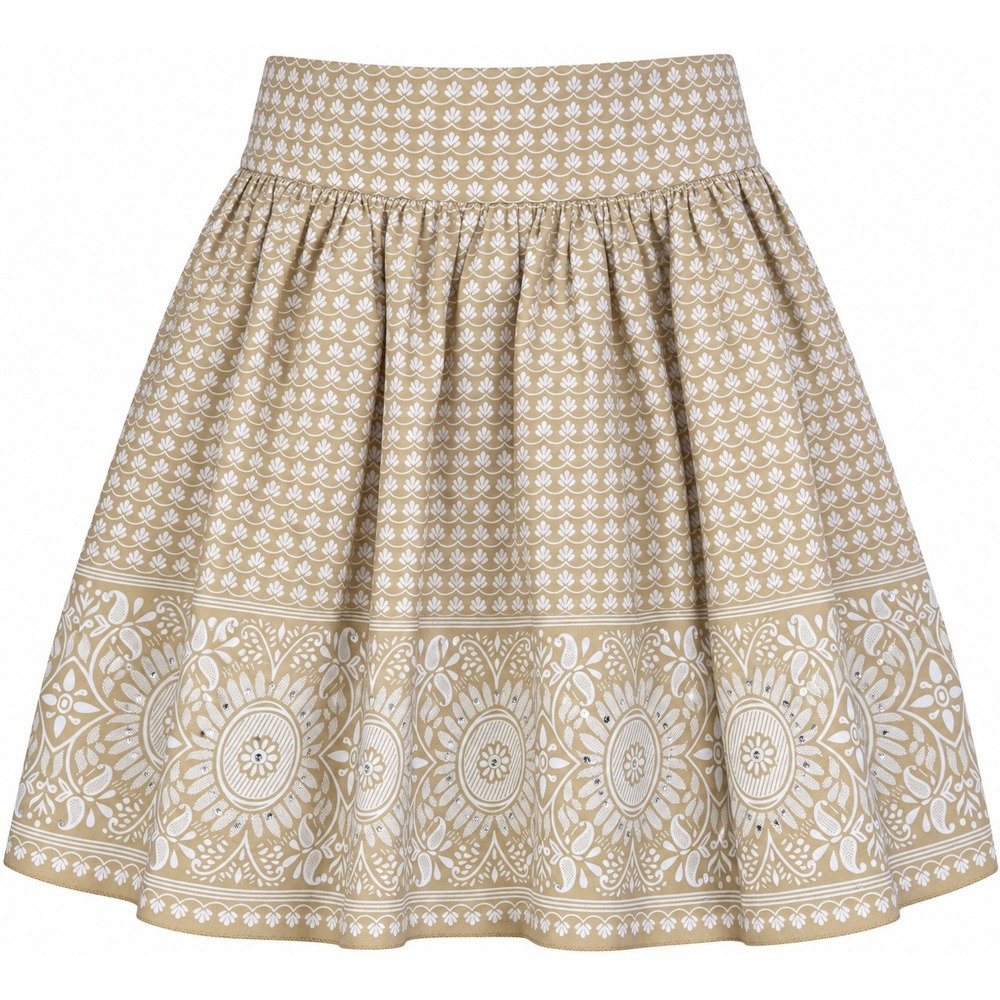 St. John's Bay Size 10 Cotton ALine Skirt Tan White Rhinestone Boho Border Print